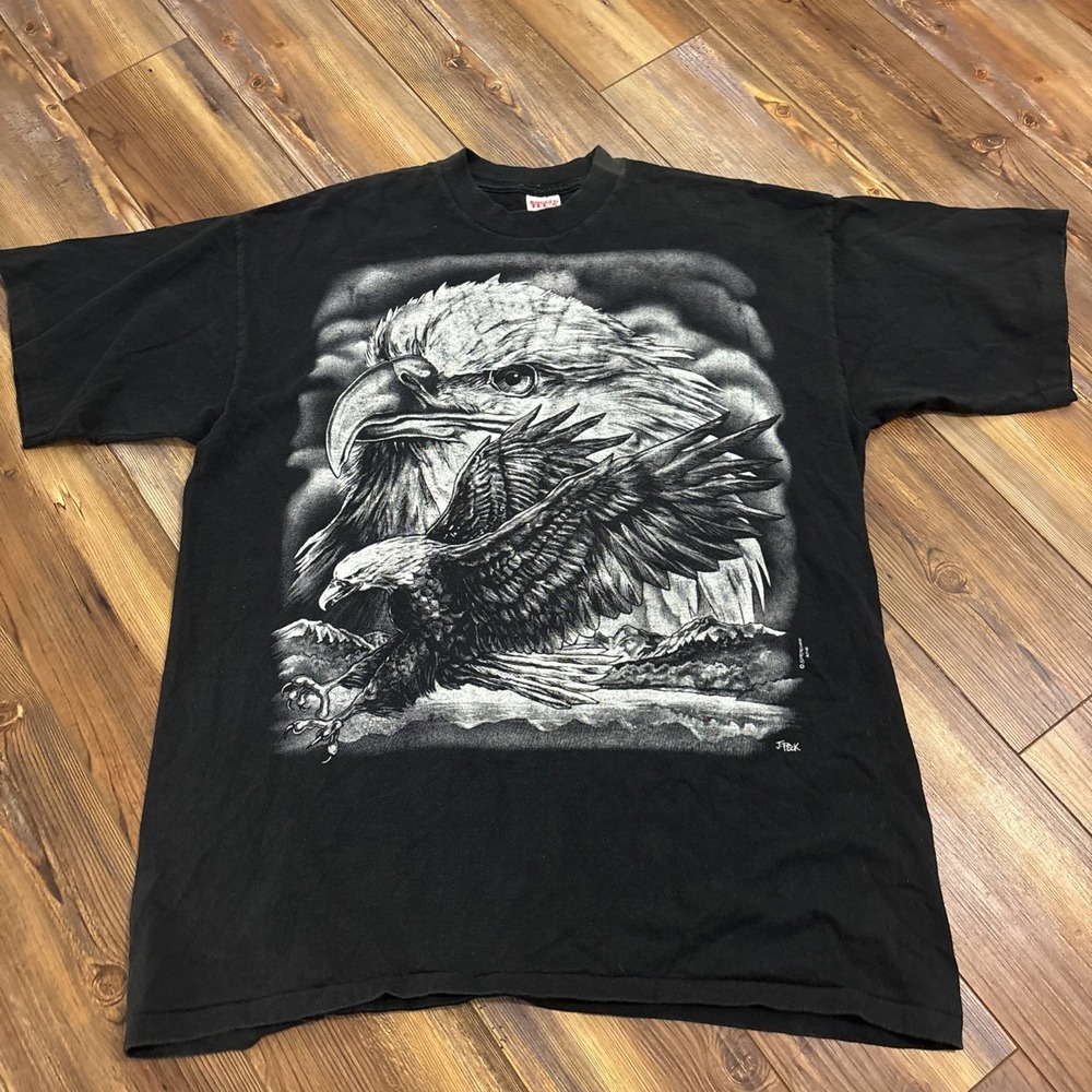 Vintage 1996 Bald Eagle Black Double Sided Faded 90s J Peck Rugged Tees XXL